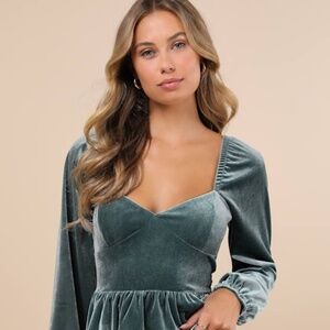 Lulus Marvelously Sweet Sage Blue Velvet Long Sleeve Peplum Top - Size L